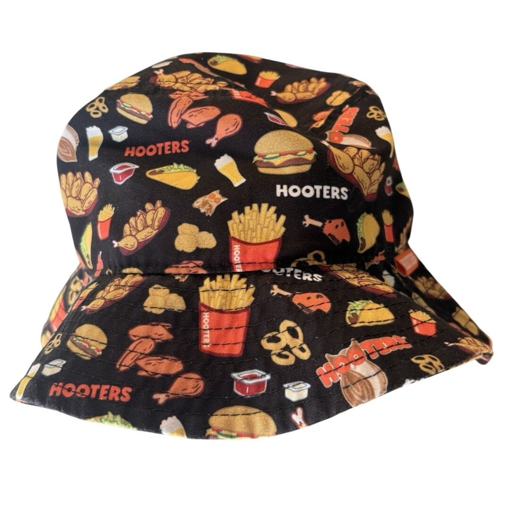 Hooters Food Print Bucket Hat One Size Fries Burgers Wings Tacos Black Statement